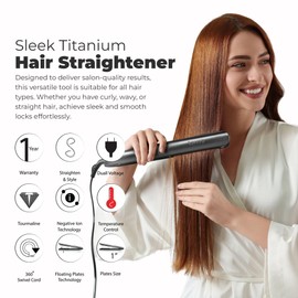 Joya Mia Allure 1" Oxidation Titanium Hair Straightener - Portable, Lightweight & Compact Flat Iron with Adjustable Temperature, Built-in LCD Display, Travel-Friendly, for All Hair Types - Black