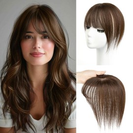 Datanala 100% Real Human Hair 360° Cover French Bangs In Clip Dark Brown Bangs Human Hair Clip Hairpieces with Temples Women Air Thinning Curtain Daily Wear