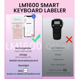 Label Maker Machine with-Tape, Rechargeable Pink Label Maker with Keyboard, Bluetooth Labeler Machine LM1600, Backlit Display, Multiple Symbol Icon Style Templates for Home Office Use