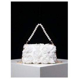 Verdusa Women's 3D Flower Pearl Top Handle Clutch Purses Evening Handbags Crossbody Bag, White, One Size
