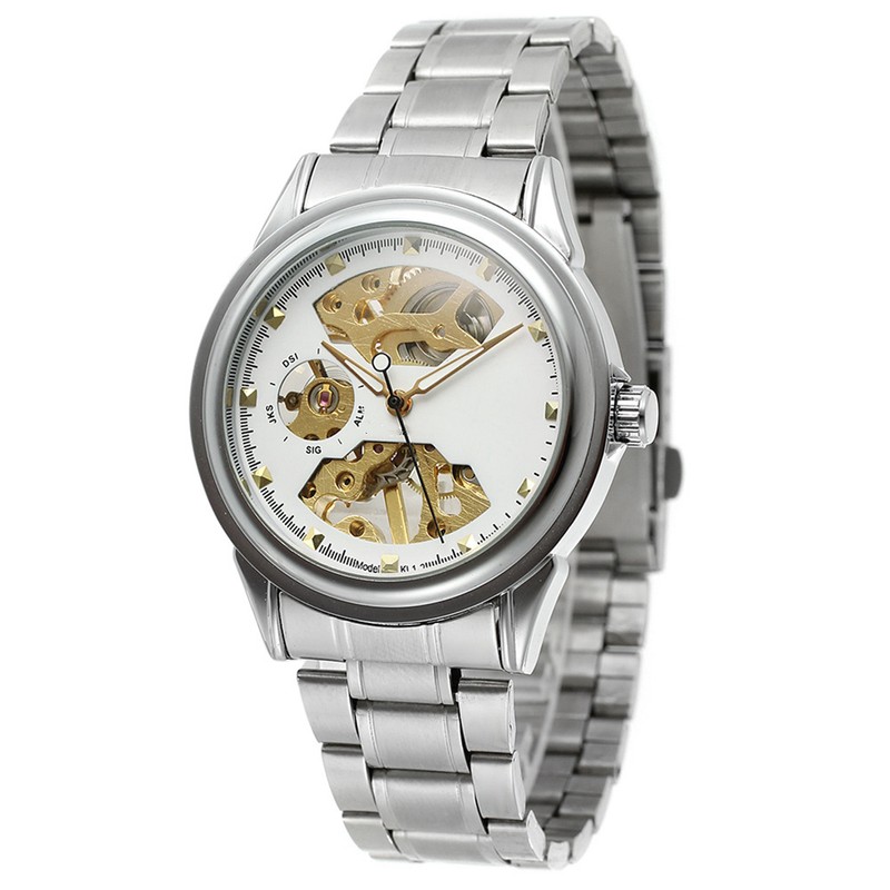 WINNER Men Hollow Mechanical Waterproof Watch Wristwatch (White Dial Silver