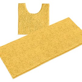 LuxUrux Bathroom Rugs, Luxury Chenille 2-Piece Bath Mat Set, Soft Plush Bath Rug + U Shaped Toilet Mat.1'' Microfiber Shaggy Carpet, Super Absorbent Bath Mats. (X-Large, Yellow)