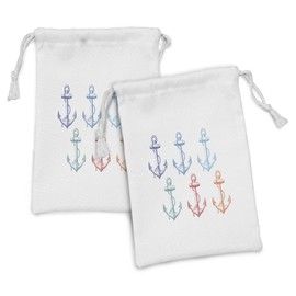 Ambesonne Nautical Fabric Pouch Set of 2, Colorful Anchors with Shapes Abstract Hand Drawn Marine Elements Maritime, Small Drawstring Bag for Toiletries Masks and Favors, 9" x 6", Multicolor