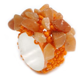 Avalaya Orange Glass Bead and Semiprecious Stone Cluster Band Style Flex Ring/Size M