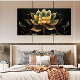 SKYRISE Abstract Golden Lotus Flower Canvas Wall Art for Bedroom, Modern Gold and Black Wall-Decor, Print Artwork Decorative-Picture for Living Room Teen Girls Women, Large Size 59x29 Inches