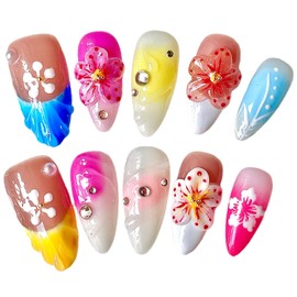 Handmade Press On Nails 3D Floral Medium Almond Shaped Artistic Design Acrylic Pink Stick-On Nails | Durable, Unique, Salon-Quality False Nails (Pink, M)