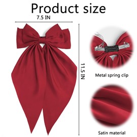 2Pcs Wine Red Hair Bows Long Tail Satin Bow Hair Clips Large Silky Ribbon Bow for Hair Ponytail Holder with Metal Clip Coquette Hair Barrettes Accessories Gifts for Women Girls