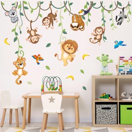 DECOWALL Jungle Animals Vine Wall Stickers Lion Monkey Koala Cute Boys Girls Kids Nursery Decor Baby Nursery Room Playroom Classroom Bedroom Removable Living Room Art Mural Forest Gift Present Nordic