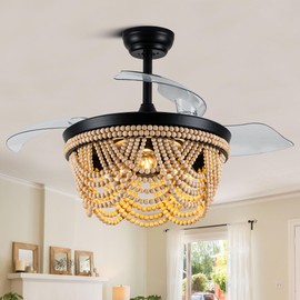 Boho Ceiling Fan with Light, Modern Ceiling Fan with 6 Speed, Wood Beads Flush Mount Ceiling Fans for Bedroom Living Dining Room Kitchen (42 inch)