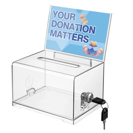 Polmart Clear Donation Box with Lock - Secure Ballot Box with Removable Sign Holder 2 Keys - for Money, Cards, Votes, Tickets, Feedback Collection (4.75"D x 6.29"W x 8"H)