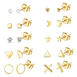 KALVICA 10 Pairs Small Stud Earrings for Women Girls Stainless Steel Hypoallergenic Earrings Set Multiple Geometric Tiny Ball Star Heart Pearl Piercing Ear Studs Cubic Zirconia Earrings for Girls