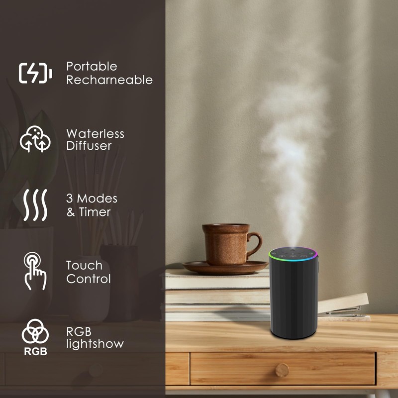 Waterless Essential Oil Diffuser, 7 Colors LED Light, Battery Powered