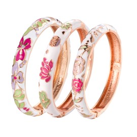 UJOY Womens Multi-Colors Cloisonne Bracelet Gold Plated Flower Hollowed Enameled Hinged Cuff Bangles Jewelry Gift 55A-3PCS White