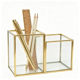 JIARI Glass Pen Holder Cup for Desk, Pencil Cup Holder, Square 2 Slots Gold Brass Frame Glass Pen Cup for Desk Office Pen Organizer (Gold-A40)