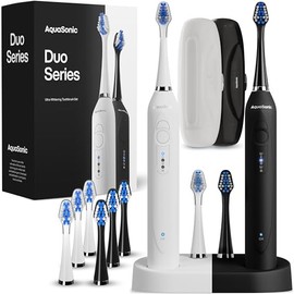 AquaSonic DUO - Dual Handle Ultra Whitening Electric ToothBrushes - 40,000 VPM Motor & Wireless Charging - 3 Modes with Smart Timer - 10 DuPont Brush Heads & 2 Travel Cases Included