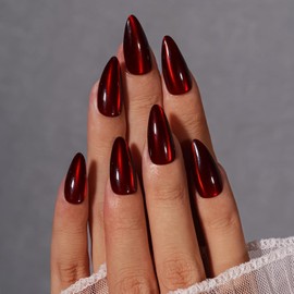 KQueenest Dark Red Cat Eye Press on Nails Almond Medium, Bling Black False Nails with Glue, Glazed Sparkly Fake Nails Press ons, Reusable Soft Gel Stick on Nail for Women Gothic Decoration, 30 Pcs