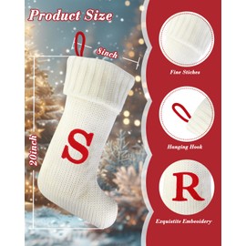 AOITTAMI Christmas Stockings with Initials, 20-Inch Large Embroidered Monogram Knit Christmas Stocking with Letter for Family Xmas Decoration,Fireplace,Holiday Party(White,Letter S)