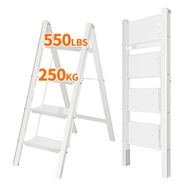 JOISCOPE 4 Step Aluminum Ladder,Lightweight Folding Step Stools for Adults with Wide Anti-Slip Pedal,550 lbs Capacity Portable Sturdy Ladder,Multi Use Ladder for Home Kitchen Office,Space Saving,White