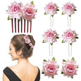 8 Pieces Rose Hair Clips, Pink Rose Flower Hair Comb Flower Hairpins Rose Floral Clips, U Shaped Hair Forks Bridal Head Pins Sticks Flower Hair Accessories for Bridal Wedding Flamingo Dancer Party