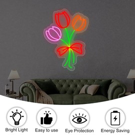 Tulip Bouquet Neon Sign, Flower Plant Sign, Floral Wall Art, Home Wall Bar Salon Decor, Flower Shop Decoration, Gift For Her,16.5"x12", Red Bow