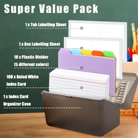Koogel 3x5 Index Card Box, Index Card Organiser Case with 10 Plastic Dividers and 100 Ruled Index Cards Card File Box for Flash Cards Business Cards School Office
