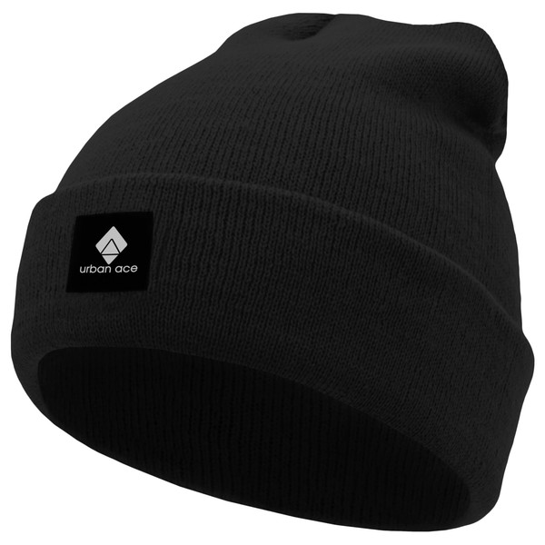 urban ace Beanie Hat Cap Dense Fabric Double Layer with Patch Women Men Spring Autumn Winter Soft & High Quality, black