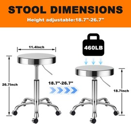 ZHAOYONGLI-End Tables Rolling Stool with Wheels, Heavy Duty Hydraulic Stainless Steel Stool for Shop Guitar Lab Tattoo Workbench Medical, Adjustable Swivel Chair (Silver)