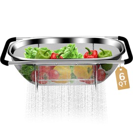 Over the Sink Colander - 6QT Strainers and Colanders - Stainless Steel Strainer - Expandable Sink Colander with Rubber Grip for Strain, Drain, Rinse Fruits, Vegetables, Home Kitchen Essentials