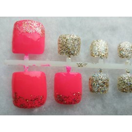 Meredith's Neon Pink Orange Gold Glitter Artificial Toe Nail Pedicure Set "Golden Kiss"