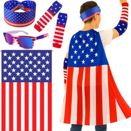 TMKEFFC American Flag Costume Set – 4 PCS Patriotic 4th of July Outfit with USA Cape (39"x23.6"), Headband, Blue Lens Sunglasses & Sleeves – Independence Day Accessories for Men & Women (Small)