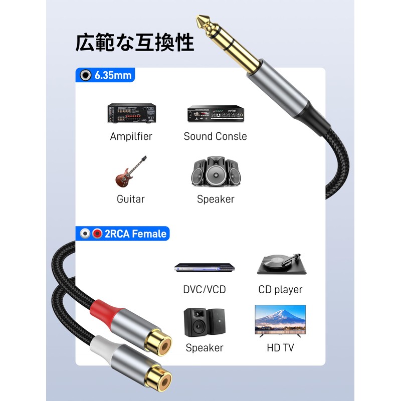KAYQINHO 6.35mm to 2RCA Cable, 6.35mm 1/4" to 2 RCA
