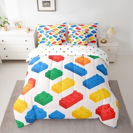 Feelyou Building Blocks Comforter Set with Sheets, Gaming 7 Piece Bedding Set for Kids Boys Girls Teens Toy Brick Bed Set Includes Comforter, Sheet Set, Pillowcases & Pillow Covers Twin Size Colorful