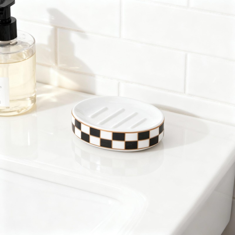 Ceramic Checkered Soap Dish,Black&White Soap Dish for Bathroom Sink, Bar