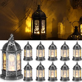 Threan Ramadan Lantern Lights LED Mini Eid Mubarak Lantern Gifts, Ramadan Decorations for Home Table Wall Eid Centerpieces Decor(Bronze Silver Meteor,6 Pcs)