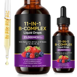Vitamin B Complex Liquid Drops 60ml, Complex Liquid Supplement with High Strength B Complex & Active Folate, 11-in-1 Formula with Vitamin C, Energy Metabolism & Daily Wellness Support, Berry Flavour