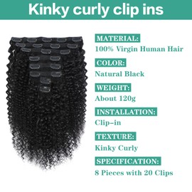 Humistwbiu Kinky Curly Clip ins Human Hair 3C 4A Curly Clip in Hair Extensions Full Head for Black Women Brazilian Remy Human Hair 8Pcs with 20Clips Natural Black Color 12 Inch