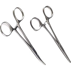 2 pcs Fishing Clamp Set 5" Straight and Curved Hemostat Forceps Locking Tweezers Clamp Stainless Steel Silver