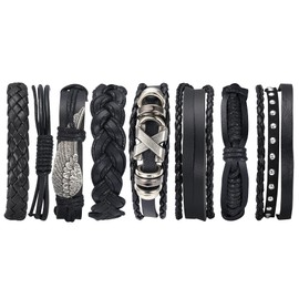 KALVICA 8pcs Leather Bracelet for Men Women Vintage Punk Braided Bracelet Rope Wrap Bracelets Set Cuff Wristband Bracelet Black Wrist Bracelets Adjustable
