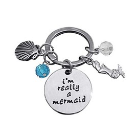 Art Attack Really A Mermaid Tale Keychain, Sea Shell Ocean Blue Bead Tail Pendant Bag Charm Key Chain (Silver)