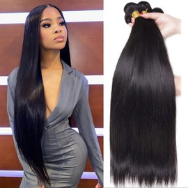 Beautymoon 12A Peruvian Hair Bundles 20 22 24 26 Inch 4 Bundles Human Hair Straight 100% Unprocessed Long Remy Human Hair Bundles Straight Weave Bundles Natural Black Color