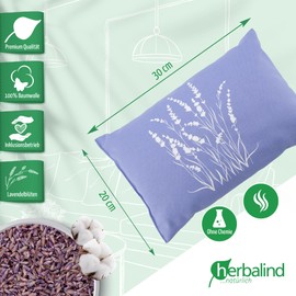 HERBALIND Lavender Pillow 30 x 20 cm - Scented Cushion with Lavender Blossoms and New Sheep's Wool, Design Lavender Bush on Lavender Blue, Cotton Cover