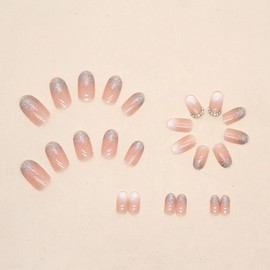 KQueenest Colour Gradient Pink Print on Nails Medium Almond Shape, Natural Acrylic Nails Glitter Sequins Full Cover Shiny Fake Nails Designed Press-On for Women 24 Pieces