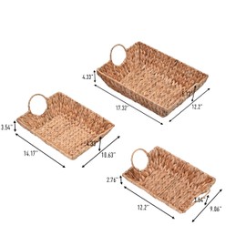 happimess TRY2000A-3SET Rowan Bohemian Cottage Handwoven Hyacinth Rectangular Decorative Basket Trays with Handles, Natural (Set of 3) for Storage and Decoration in Bathroom, Bedroom, Living Room