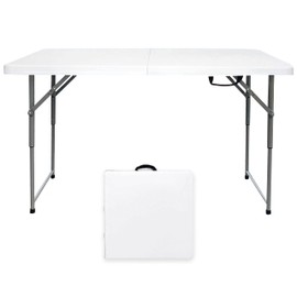 Go-Trio 4 Foot Folding Table Adjustable Height, 4ft Foldable Portable Plastic Small Card Table with Handle, Sewing Party Picnic Dining Camping Table for Indoor Outdoors, Mesas para Fiestas, White