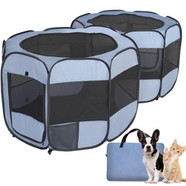 Dog Playpen with Bottom and Cover, EighteenTek Portable Pet Playpen 2-Room Steel Frame Puppy Playpen Mesh Indoor Cat Tent Enclosed Pop Up Dog Kennel with Carrying Case for Dogs/Cats/Rabbits (S, Grey)