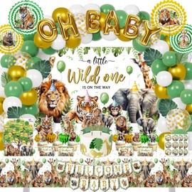 Mpanwen Safari Jungle Baby Shower Decorations, 187Pcs a Wild One Is On The Way Animal Party Supplies Decor for Boy Girl Baby Showers - Banners, Tablecloth, Centerpieces, Fans Pompoms, Thank You Cards