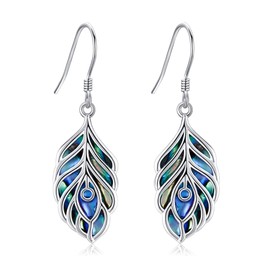 Feather Earrings 925 Sterling Silver Abalone Shell Peacock Feather Dangle Drop Earrings Mother's Day Jewelry for Women Mom
