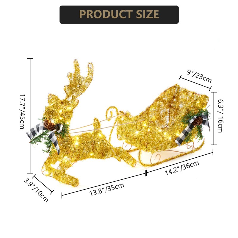 Gold Santa Sleigh & Reindeer Set, Outdoor Lighted Christmas Decor