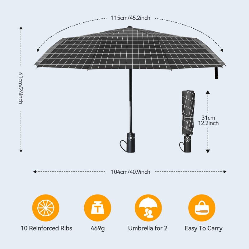 TechRise Umbrella Windproof Travel Umbrella: 10 Ribs Automatic Compact Strong