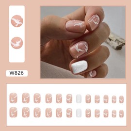 Summer Short Press on Nails,White Seagull on the Beach Design Fake Nails,Glossy Square Full Cover False Nails,Reusable Acrylic Artificial Nails for Women Daily Wear Manicure,Natural Stick on Nails